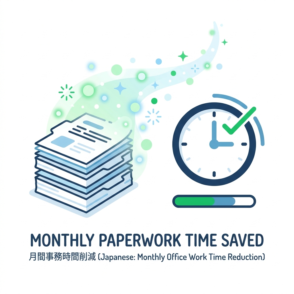 積み上がった事務書類が軽くなるイメージ